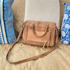 Rebecca Minkoff Bree Medium Satchel Crossbody Tan Nubuck Leather Top Zip Western